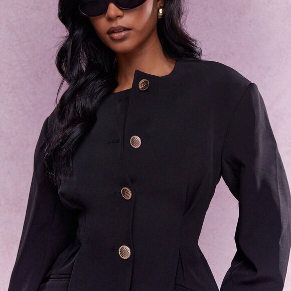 Black Casual Women's Statement Button Collarless Jacket Wear - Picture 3 of 4